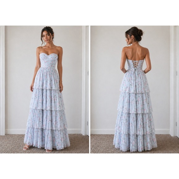 Lulus Dresses & Skirts - Lulus Light Blue Floral Tiered Lace Up Back Strapless Maxi Dress Gown